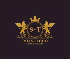 eerste st brief leeuw Koninklijk luxe heraldisch, wapen logo sjabloon in vector kunst voor restaurant, royalty, boetiek, cafe, hotel, heraldisch, sieraden, mode en andere vector illustratie.