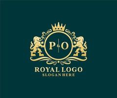 eerste po brief leeuw Koninklijk luxe logo sjabloon in vector kunst voor restaurant, royalty, boetiek, cafe, hotel, heraldisch, sieraden, mode en andere vector illustratie.