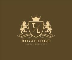 eerste tl brief leeuw Koninklijk luxe heraldisch, wapen logo sjabloon in vector kunst voor restaurant, royalty, boetiek, cafe, hotel, heraldisch, sieraden, mode en andere vector illustratie.