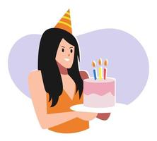vrouw tekenfilm karakter in partij hoed Holding verjaardag taart. concept van viering, verjaardag, feest. voor groet kaart, afdrukken, poster, sticker. vlak vector illustratie.