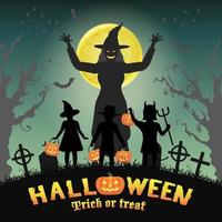 halloween-kinderen voor heks op kerkhof vector