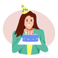 vrouw tekenfilm karakter in partij hoed Holding verjaardag taart. concept van viering, verjaardag, feest. voor groet kaart, afdrukken, poster, sticker. vlak vector illustratie.