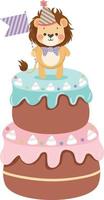 gelukkig verjaardag taart met schattig leeuw vector
