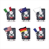 ipod muziek- tekenfilm karakter brengen de vlaggen van divers landen vector
