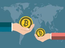 bitcoin concept hand houden. geef een medaille bitcoin op de wereld van de achtergrondkaart. vector illustrator