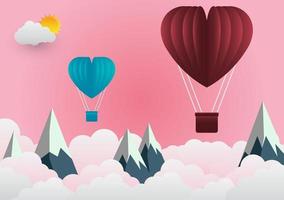 Valentijnsdag ballon hartvormig zwevend in de lucht en prachtige bergen wolk. papier kunst. vector illustratie
