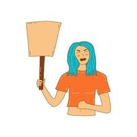 protesteren meisje schreeuwt, Holding spandoek. vector hand- getrokken