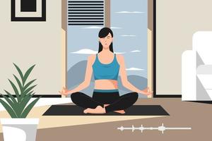 jong vrouw zittend in yoga en mediteren. beoefenen yoga Bij huis. gelukkig vrouw mediteert vector