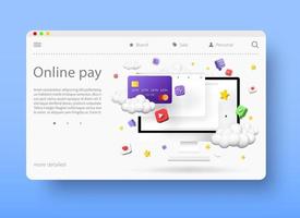 online betalingen concept, vector 3d illustratie. inkoop toepassing producten en Diensten over- de internetten. online bankieren.