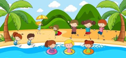 buitenscène met veel kinderen die op het strand spelen vector