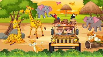 safari bij zonsondergang met veel kinderen die naar dieren kijken vector