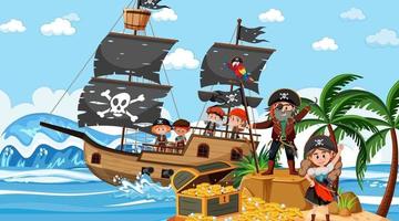 schateilandscène overdag met piratenkinderen vector