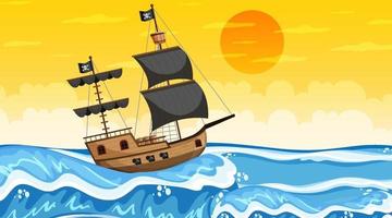 oceaan met piratenschip in de scène van de zonsondergangtijd in cartoonstijl vector