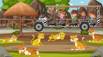 safari scène overdag met kinderen toeristen kijken naar luipaardgroep vector