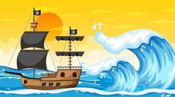 oceaan met piratenschip in de scène van de zonsondergangtijd in cartoonstijl vector