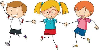 drie kinderen hand in hand cartoon karakter hand getrokken doodle stijl geïsoleerd vector