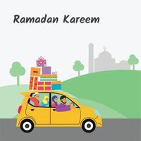 vector illustratie van familie reizen door auto. voertuig met koffer Aan dak. mudik Ramadan kareem vieren traditie