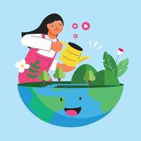 vector wereld milieu dag concept vlak illustratie met vrouw gieter fabriek duurt zorg voor milieu