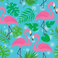 vector patroon met flamingo's en palm bladeren Aan een blauw achtergrond