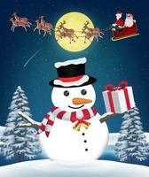 sneeuwpop met geschenkdoos van vliegende kerstman vector