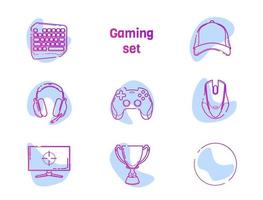 video gaming - lijn iconen set. gamer moderne schetsontwerpcollectie met accentkleurvlek. joystick, toetsenbord, teamdop, beker, gamepad, koptelefoon, muis, monitor, leeg pictogram. geïsoleerde witte vector