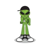 groen buitenaards karakter die schoenen, rugzak en zwart hoed geïsoleerd wit ontwerp dragen als achtergrond vector