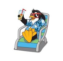 pinguïn draagt een prachtig shirt, een zonnebril en drinkt een drankje op een ontwerp van een fauteuil vector