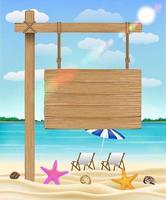 hang houten bord teken op zee strand met relax stoel vector