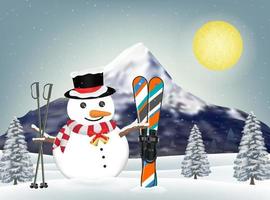 sneeuwman en ski-uitrusting bij de winterheuvel vector