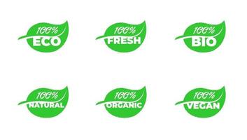 100 procent gecertificeerde kwaliteit eco verse bio natuurlijke organische vegan grean leaf productbadge collectie. vector gezonde ecologie plant label set geïsoleerde eps illustratie