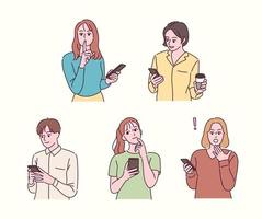 verschillende reacties op mensen met mobiele telefoons. hand getrokken stijl vector ontwerp illustraties.