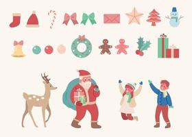 set kerst ornamenten met santa en rendieren en kinderen. hand getrokken stijl vector ontwerp illustraties.