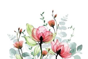 waterverf tekening. naadloos grens met transparant bloemen en eucalyptus bladeren. vector