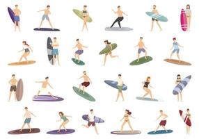 surfer pictogrammen reeks tekenfilm vector. surfboard karakter vector