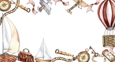 kader van zeilboot en vliegtuig wijnoogst stijl waterverf illustratie geïsoleerd Aan wit. schip, schip, ballon, verrekijker, zak hand- getrokken. kinderachtig ontwerp, element voor jongen afdrukken, avontuur verzameling vector