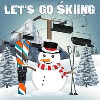 laten we gaan skiën met sneeuwpop en ski-uitrusting vector