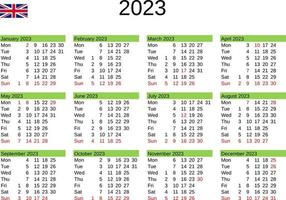 jaar 2023 kalender in Engels met Verenigde koninkrijk vakantie vector