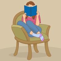 jonge vrouw leesboek op stoel vector