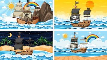 set oceaanscènes op verschillende tijdstippen met piratenschip in cartoon-stijl vector