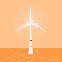 wind turbine Aan zee Bij zonsondergang. wind energie en hernieuwbaar bron. vlak vector illustratie