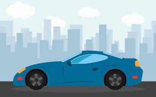 blauw sport- auto in de achtergrond van wolkenkrabbers in de middag. vector illustratie.