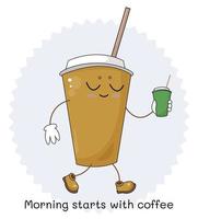 vector schattig illustratie grappig koffie begint ochtend- met een kop van koffie