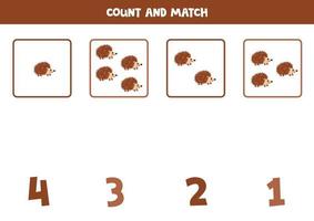 tellen spel voor kinderen. tellen allemaal schattig egels en bij elkaar passen met nummers. werkblad voor kinderen. vector
