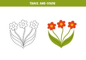 spoor en kleur tekenfilm rood bloemen. werkblad voor kinderen. vector