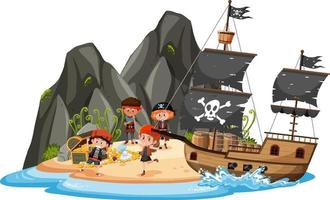 piratenschip op eiland met veel kinderen geïsoleerd op een witte achtergrond vector