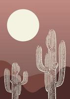 hedendaags esthetisch cactus in woestijn landschap poster. saguaro in de nacht vallei. boho helling muur decor. midden eeuw modern monochroom kunst afdrukken. vector
