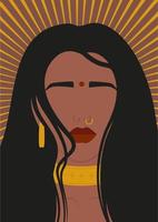 abstract illustratie van jong Indisch vrouw met zon. hedendaags kunst poster met dame in traditioneel stijl. minimalistisch gezichtsloos Hindoe vrouw. vector