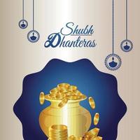 gelukkige dhanteras indian festival viering wenskaart met gouden munten pot vector