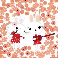 schattige konijnen cartoon spelen muziek in de bloementuin van de lente vector