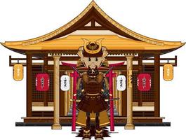 tekenfilm Japans samurai krijger buiten oude tempel geschiedenis illustratie vector